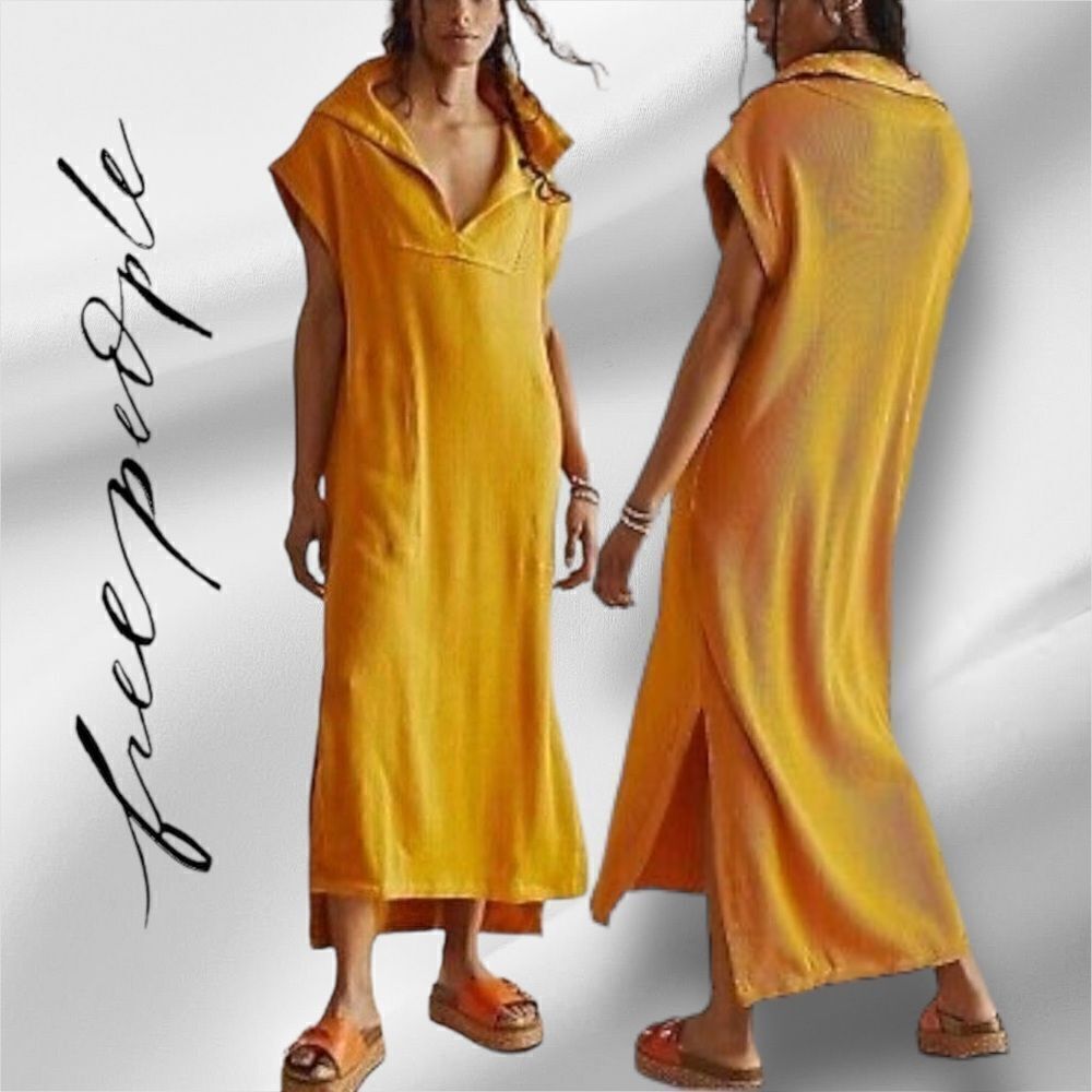 Free People Women’s Ryan Ribbed Midi Dress in the Size Medium in Golden Color